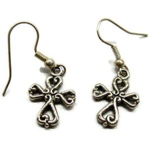 Celtic Cross Silver Tone Vertical Drop Dangle Hook Earrings Womans